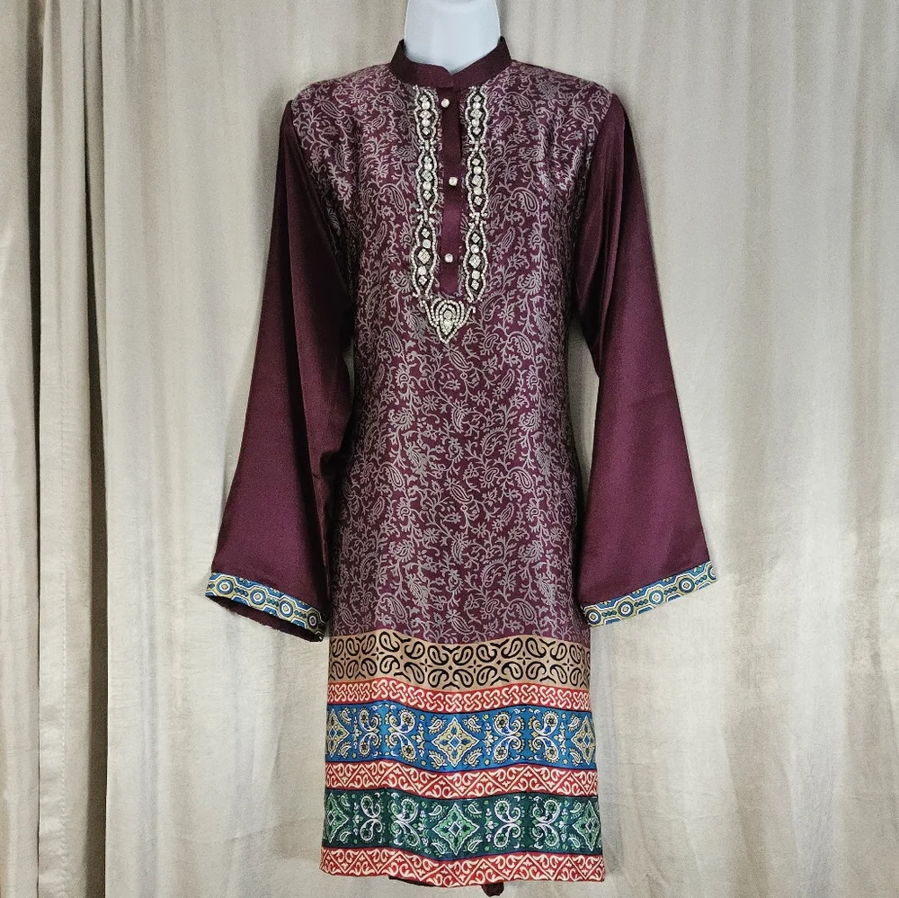 NWOT purple pink green blue red mix print jewel kurta tunic dress Womens Large - Picture 7 of 8